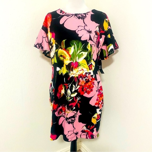 New York & Company Stretch Women Mini Floral Dress Size Medium with Pockets NWT - Picture 2 of 7